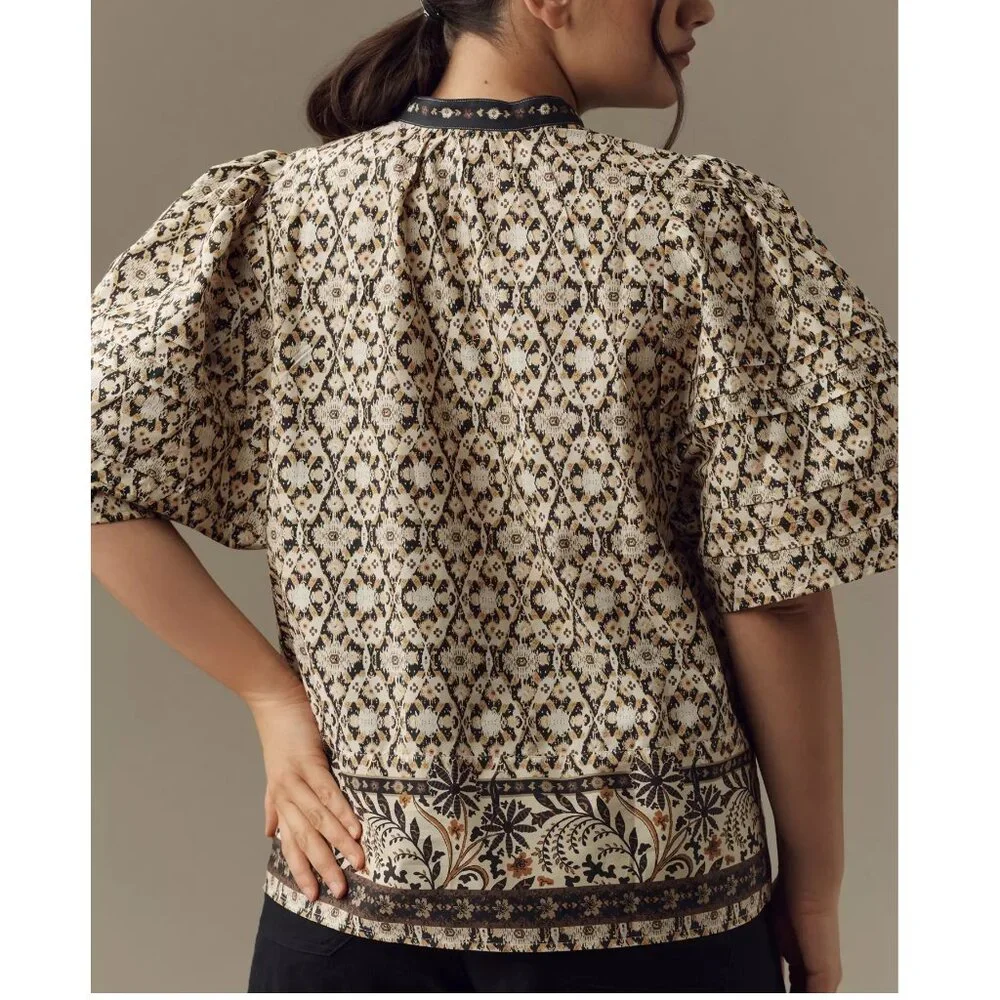By Anthropologie Pleated Puff-Sleeve Blouse Black Motif 3X